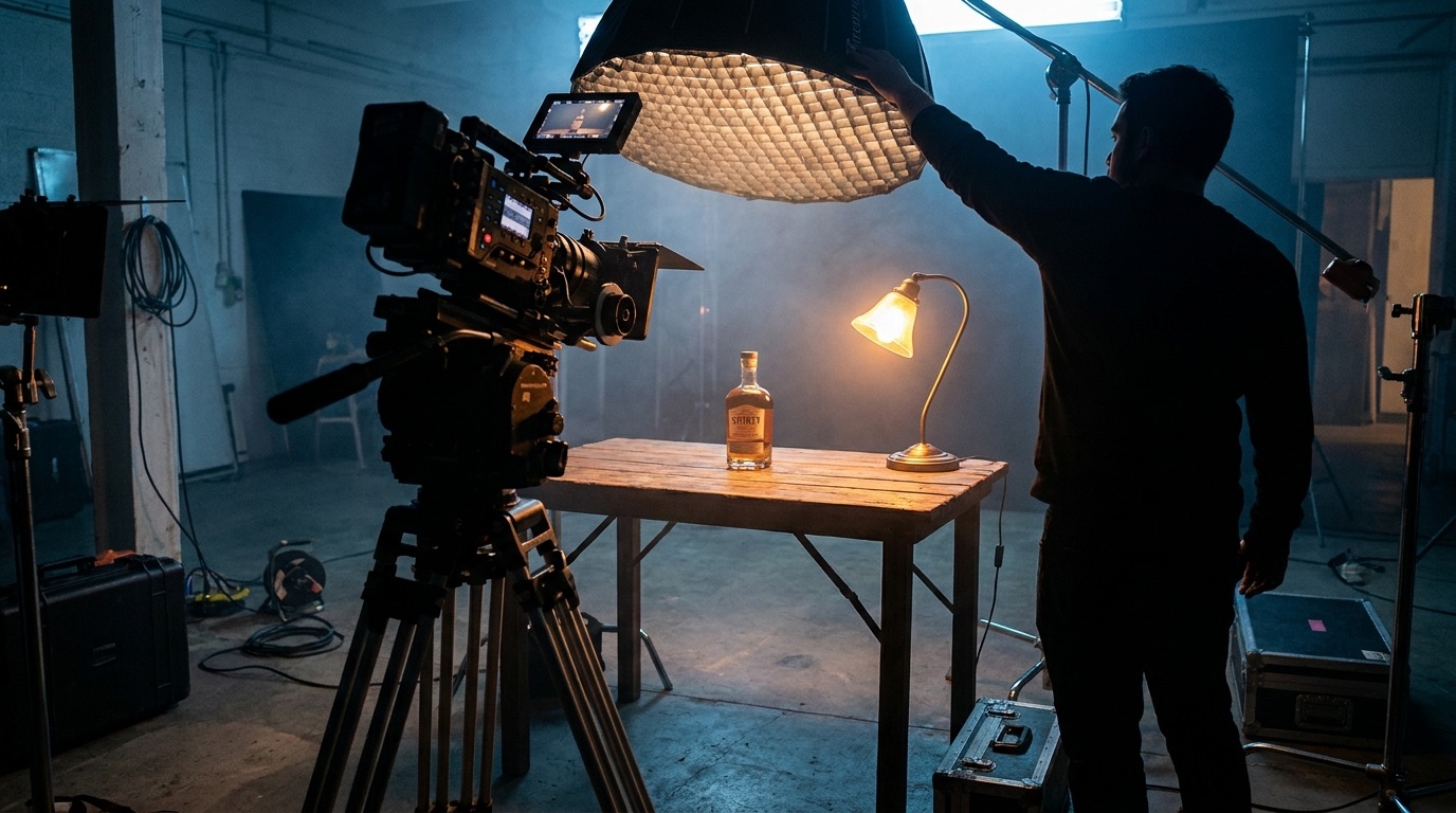 Filmový set s kamerou a světly při natáčení produktu