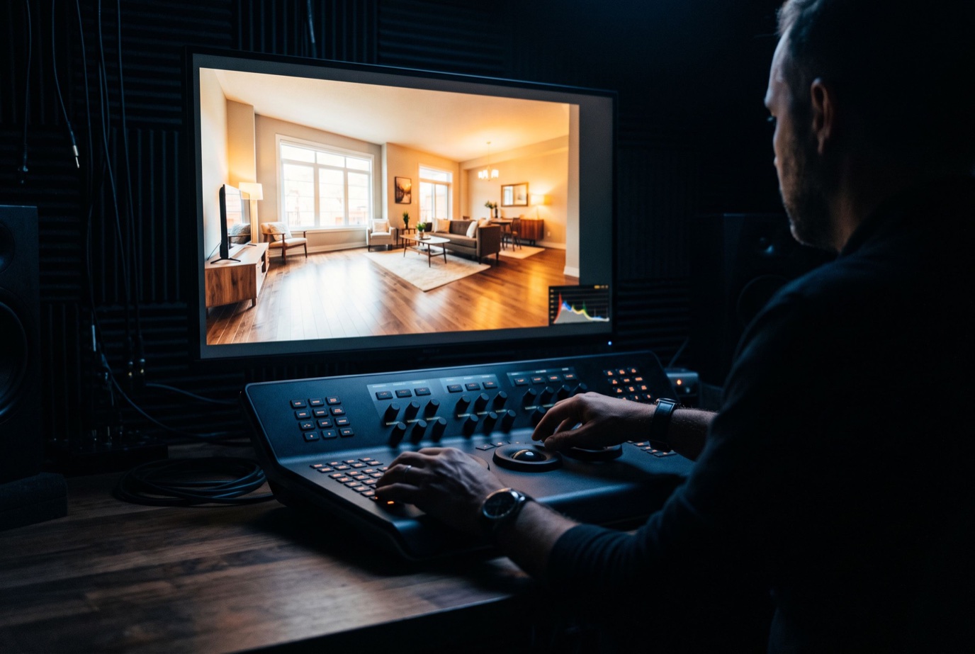 Střižna s gradingovým pultem a monitorem s interiérem bytu