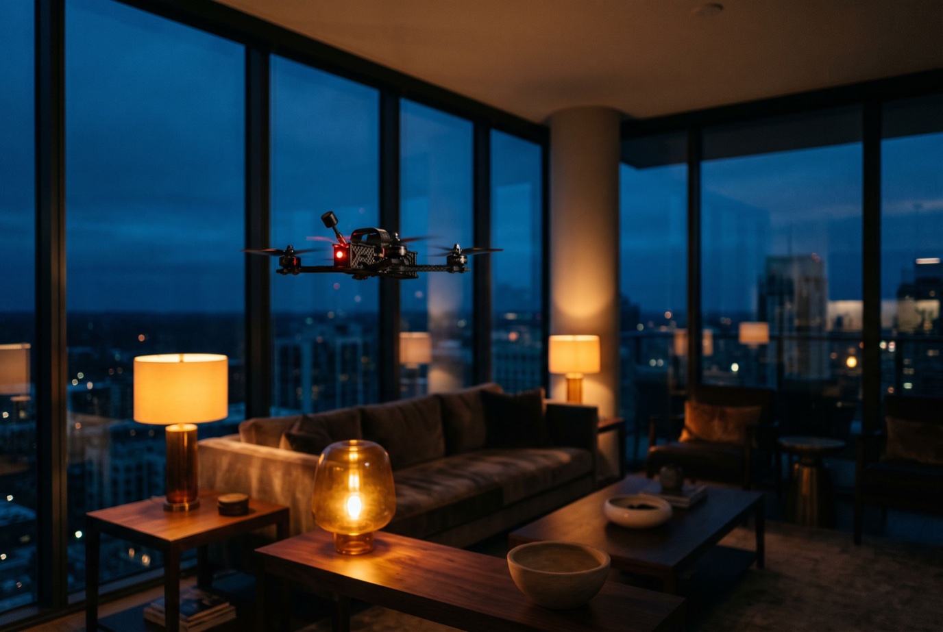 FPV dron letí večerním interiérem bytu při natáčení prohlídky